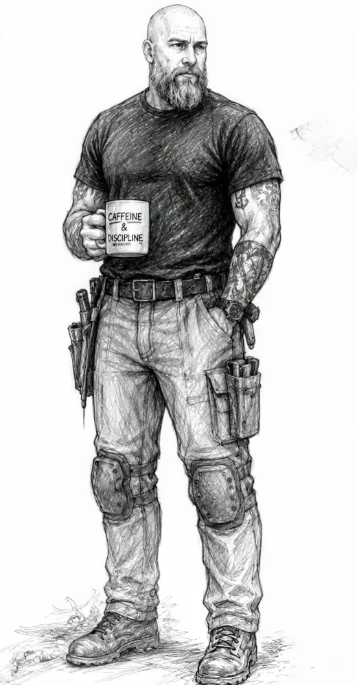 Pencil sketch of a standing bearded craftsman holding a coffee mug and wearing a tool belt